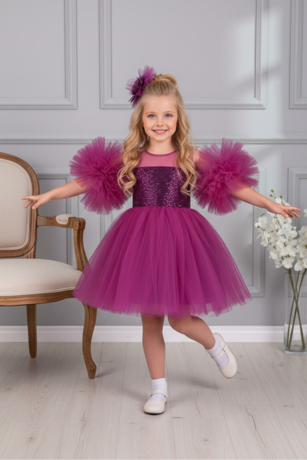 Fuchsia Color Children's Evening Dress with Sleeve Detail and Pompom Buckle Aby458