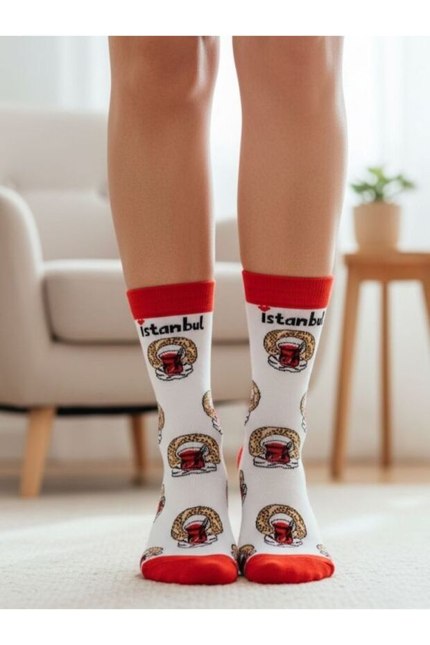 Istanbul Themed Socket Socks with Bagel and Tea Pattern