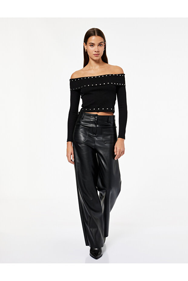 Cotton Long Sleeve Off Shoulder T-Shirt with Metal Accessories