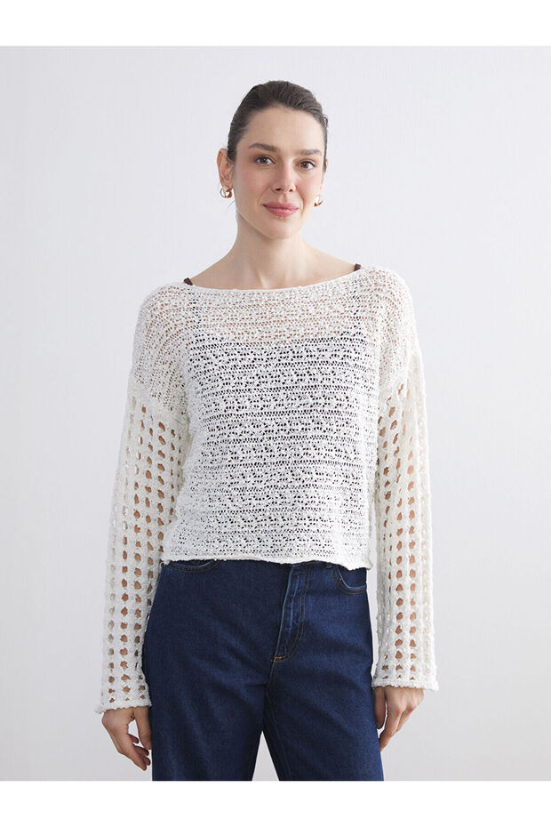 Ecru Boat Neck Openwork Women's Knitwear Sweater
