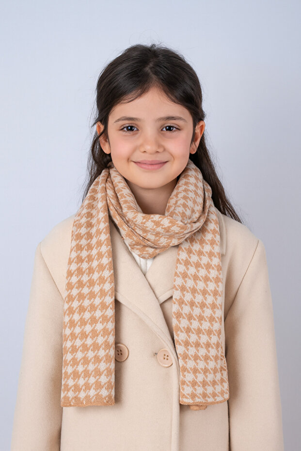 Houndstooth Patterned Double-Sided Children's Scarf (Age 5-10, 30X140Cm)