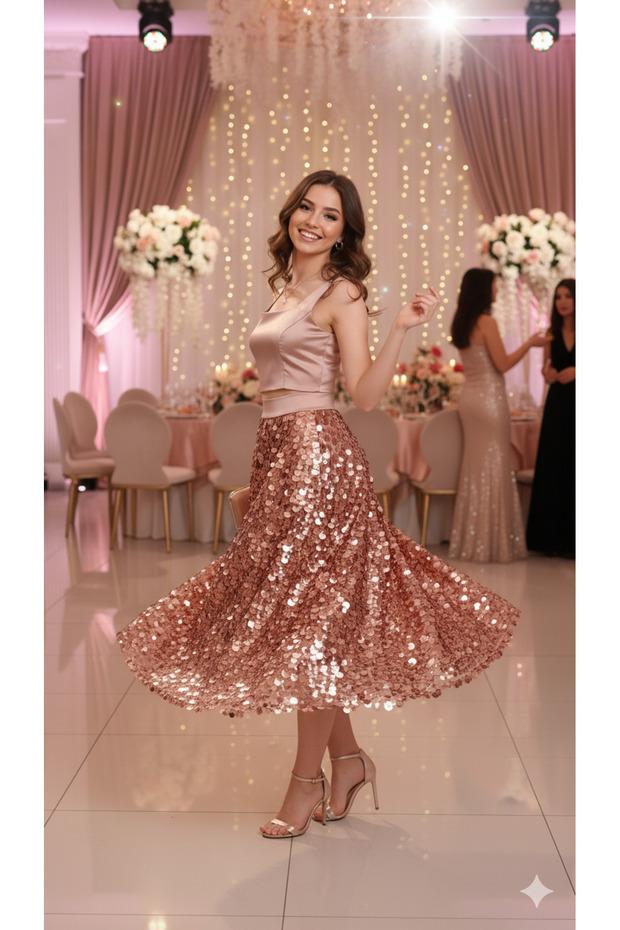 İri Payetli Crop Bustiyer Alt Üst Etek Bluz Takım - 3