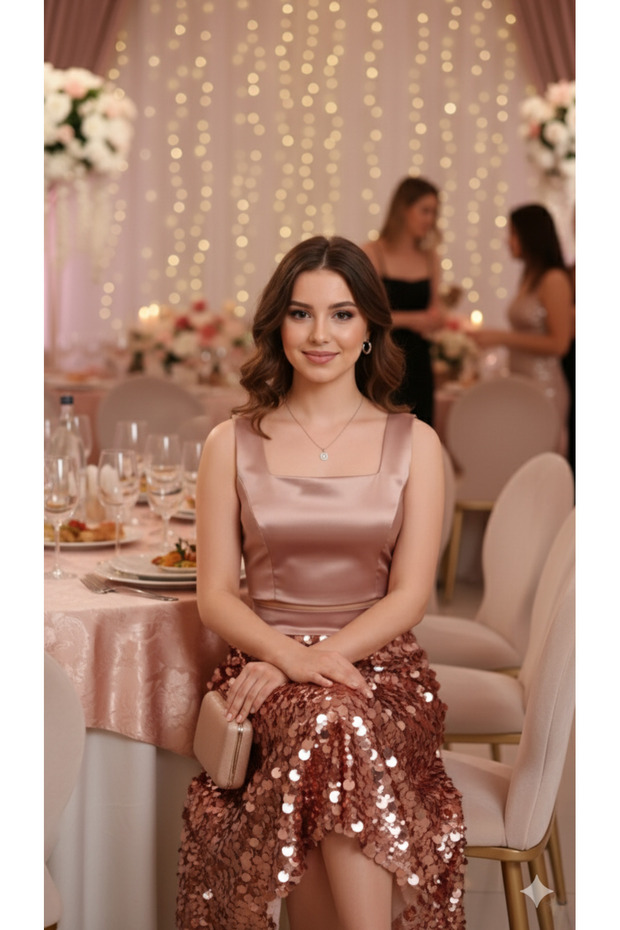 İri Payetli Crop Bustiyer Alt Üst Etek Bluz Takım - 2