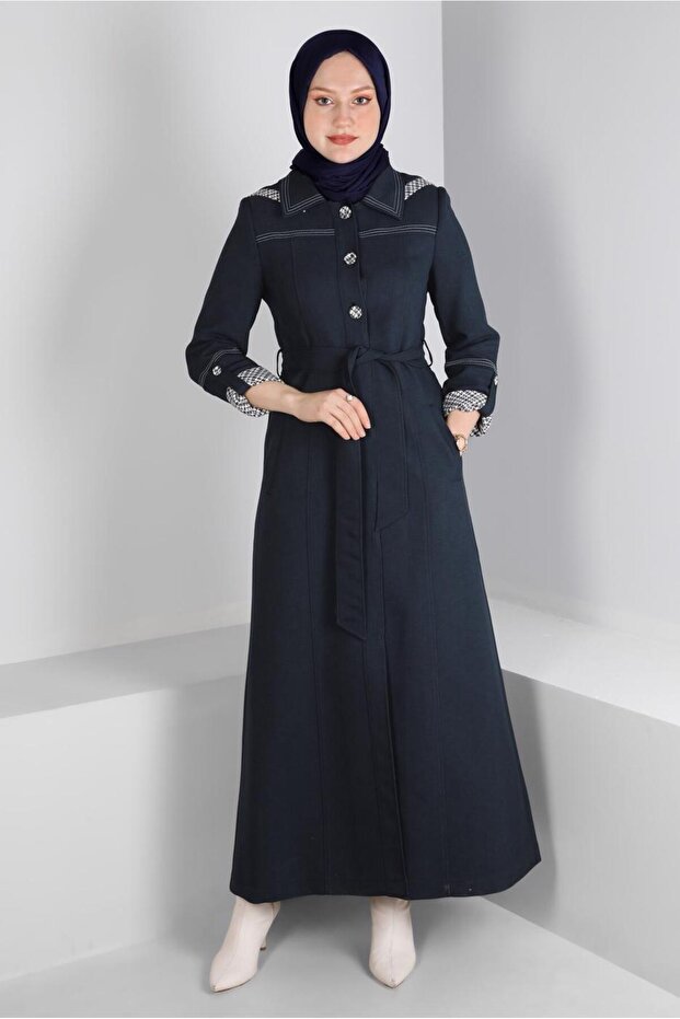 Belted Houndstooth Pattern Detailed Coat 10686