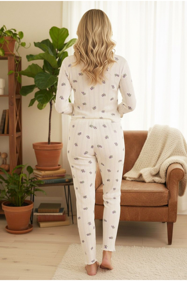 ekru çiçek desenli Pamuklu Ajurlu Delikli Örme Pijama Takım7927-9 - 3