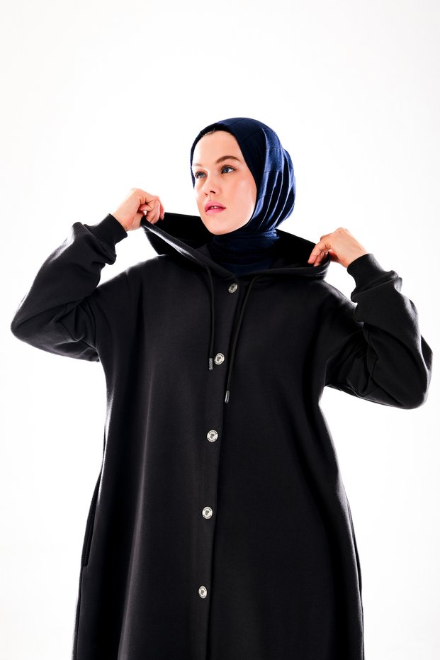 Women's Anthracite Gray Hooded 3-Yarn Hijab Long Cap – Wide Fit, Seasonal with Pockets _2274