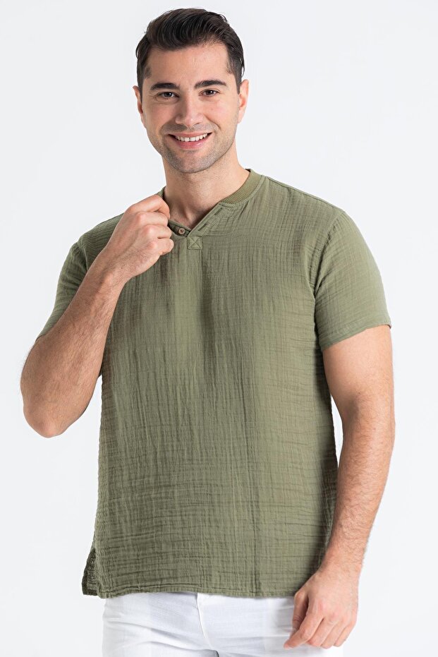Short Sleeve Men's Ribbed Summer Muslin T-Shirt Khaki Hk