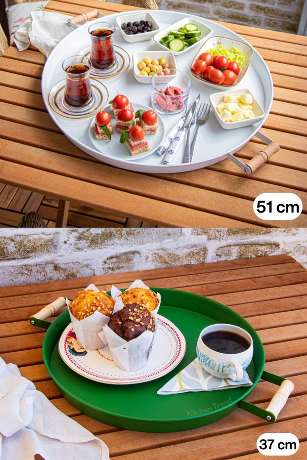 Set of 2 51 cm White Metal Tray with Wooden Handles and 37 Cm Green Coffee Presentation Tray