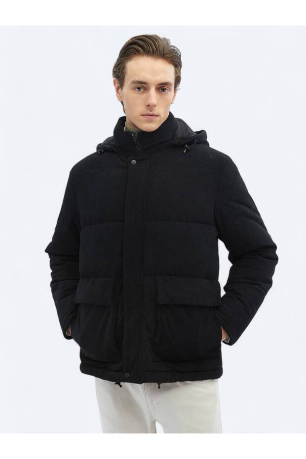 Siyah Regular Fit Kapüşonlu Casual Dokuma Mont - 5