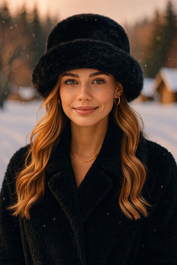 Black Faux Fur Plush Heart Women's Hat