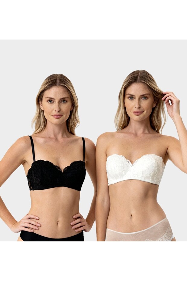 Economic Pack of 2 Black Ecru 6800 Ales Full Cup Non-Filled Lace Strapless Bra Set