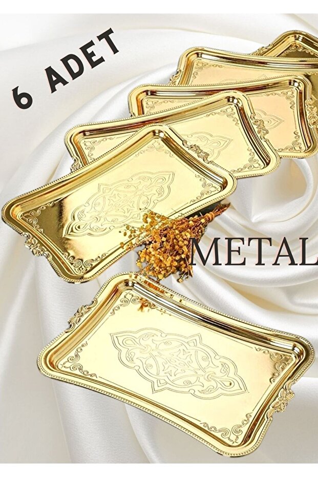 Sadece 6 Tepsi Seti 6 Adet Tek Kişilik Kahve Sunumluk Metal Damat Söz Tepsisi Gold 6 Tepsi - 8