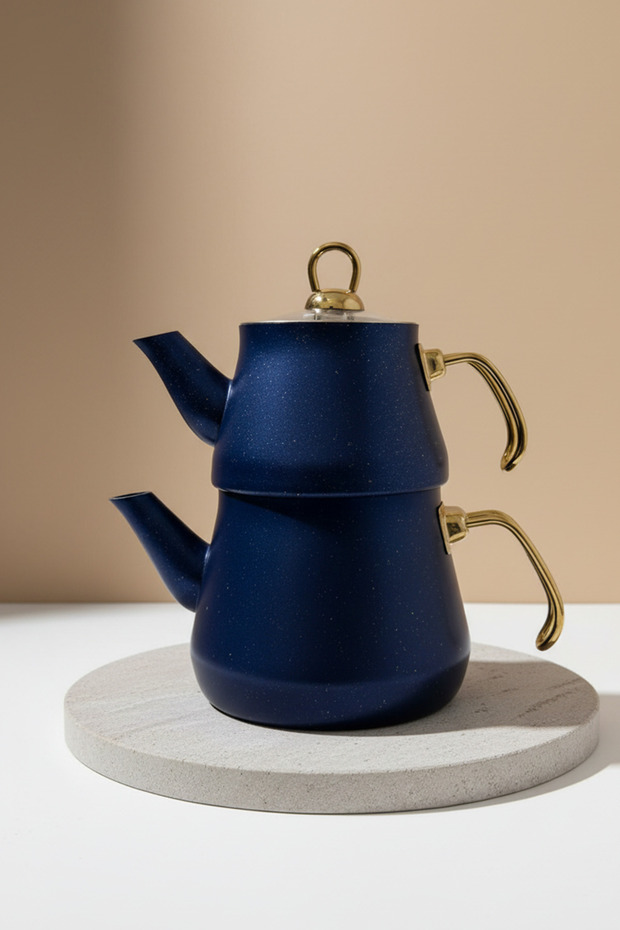 Granit Kaplama Gold Kulplu Cam Kapak Çaydanlık Mavi - 6