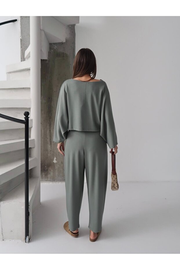 Yarasa Kol Crop Modal Bluz - Ön Pileli Şalvar Takım - 8