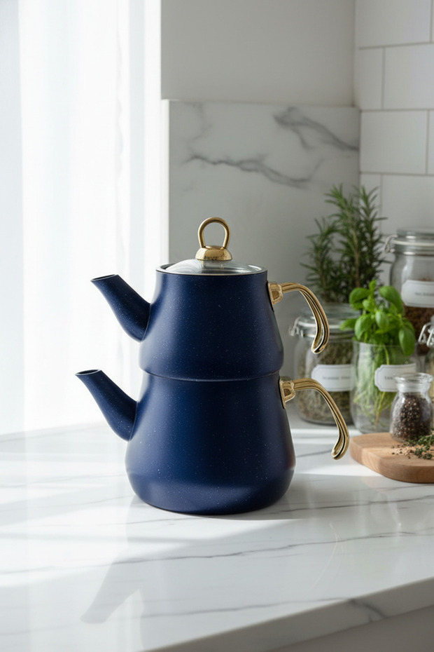 Granit Kaplama Gold Kulplu Cam Kapak Çaydanlık Mavi - 1