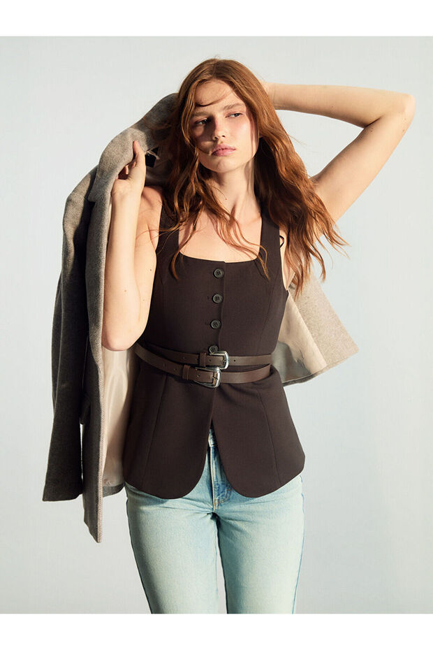Xside Brown Square Neck Women's Classic Vest