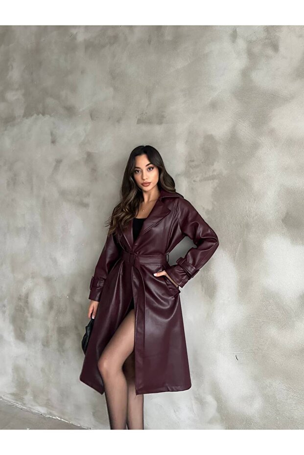 Women's Belted Burgundy Leather Trench Coat