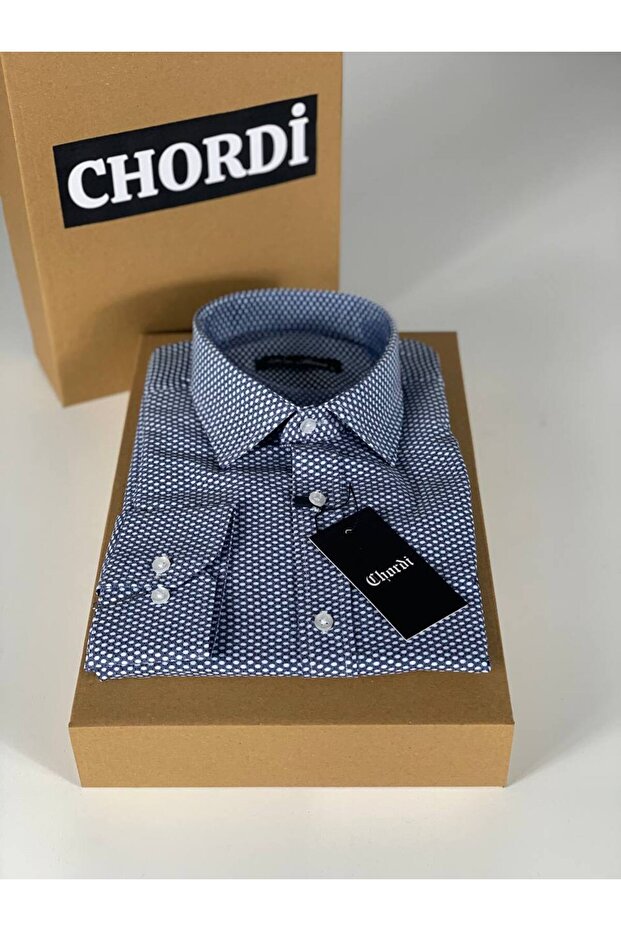 Erkek Regular Fit Normal Yaka Uzun Kol Kolay Ütülenir Noktalı Pamuklu Gömlek (Lacivert) - 2