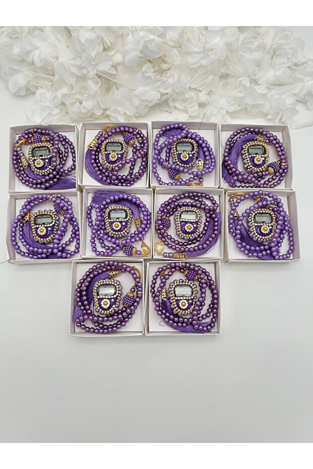 10 Pieces Mevlid-hajj-umrah Gift Purple Stone Zikirmatik and Tasbih Set Boxed