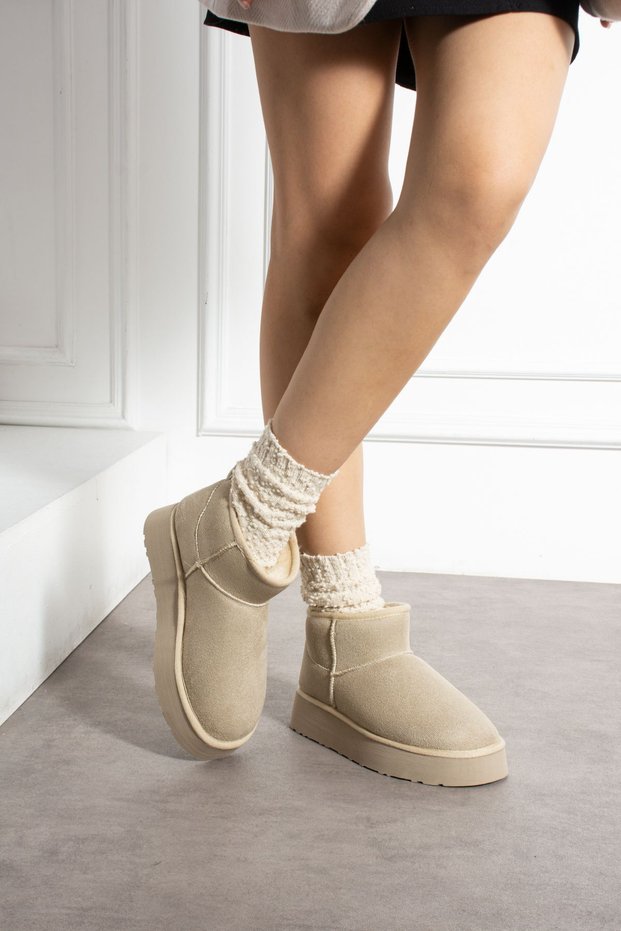 Mini Beige Suede Sheepskin Thick Sole Women's Boots