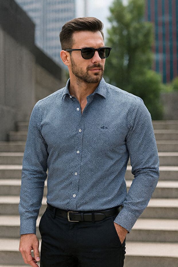 Erkek Regular Fit Normal Yaka Uzun Kol Kolay Ütülenir Noktalı Pamuklu Gömlek (Lacivert) - 1