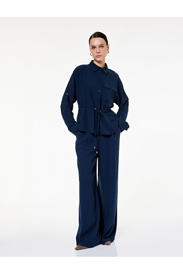 Crepe Fabric Regular Fit Long Sleeve Shirt Jacket with Lacing Detail