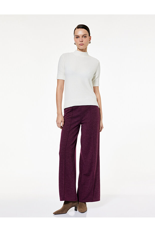 Straight Fit Long Wide Leg Pants with Ribbed Detail