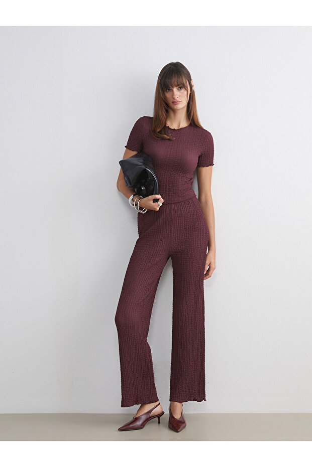 Elastic Waist Textured Women's Trousers