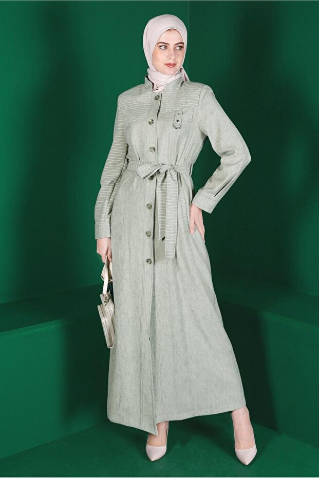 Striped Buttoned Belted Overcoat 10589