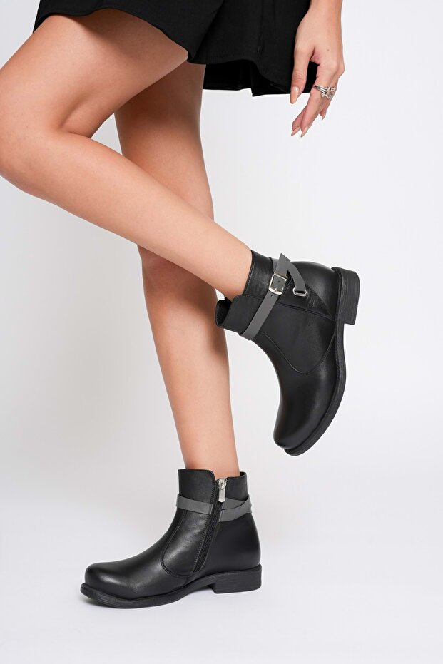 Women's Genuine Leather Belted Casual Boots - Black