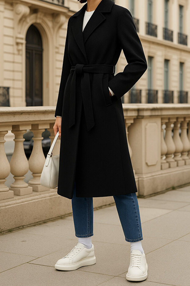 Fekete bélyegzett női kabát - térdig érő, zsebekkel és hasítékkal - 5