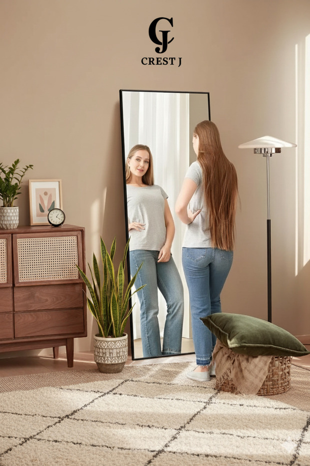 مرآة مستطيلة حديثة كاملة الطول بإطار معدني أسود 160 × 50 سم