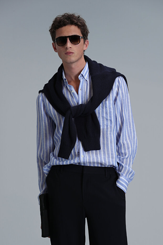 London Erkek Keten Gömlek Regular Fit Mavi - 3