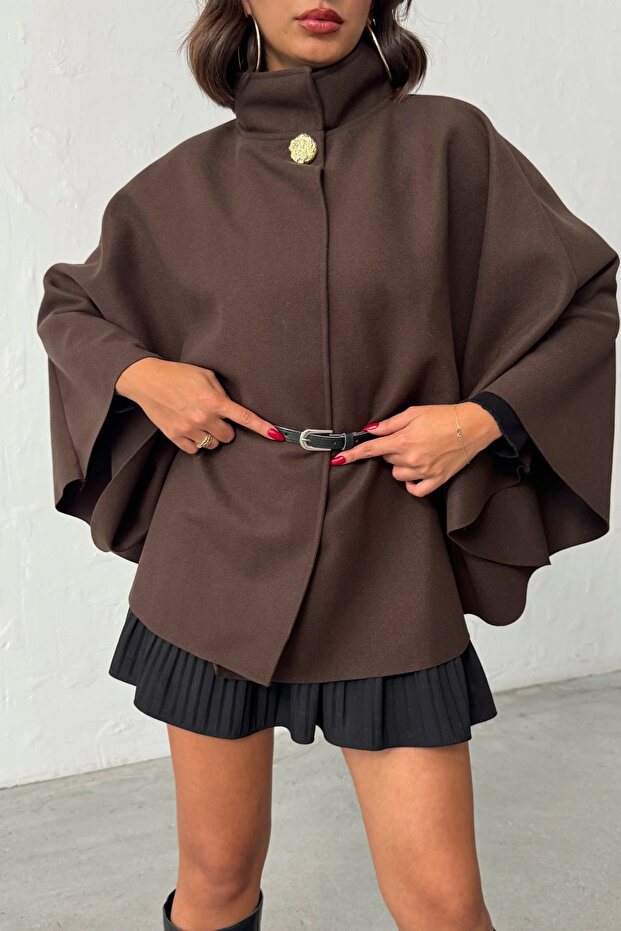 Women's Brown Gold Button and Belt Detailed Cashmere Poncho Jacket