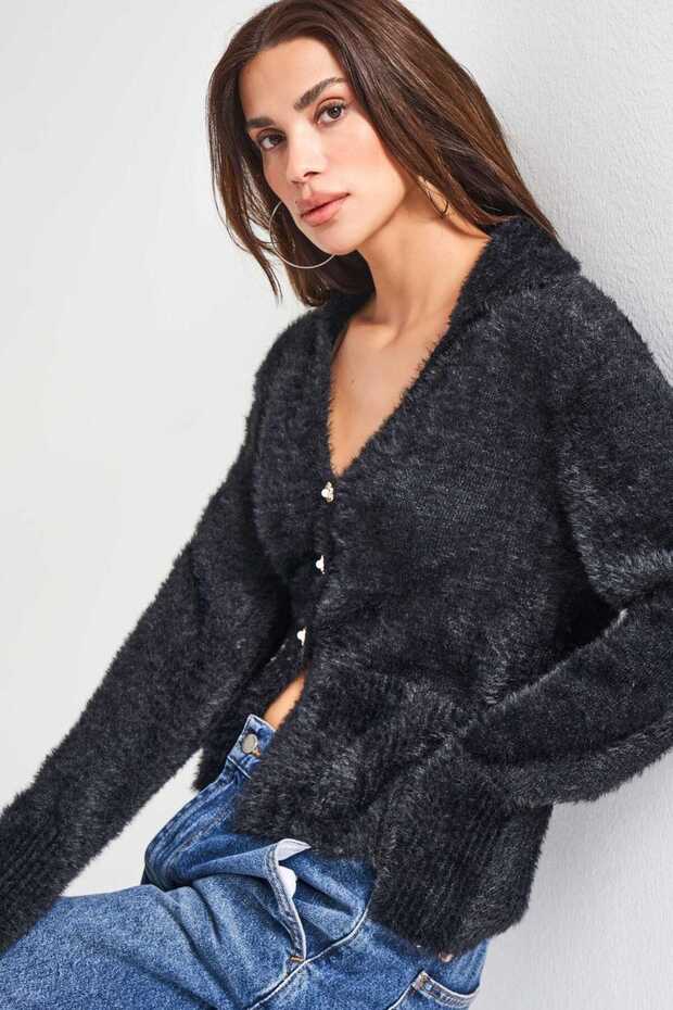 itsbasic Kadın Önü Düğmeli Özel Dokuma Oversize Hırka - 3