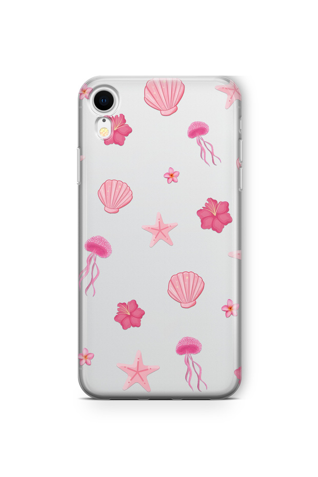 iPhone Xr Compatible Pink Sea Theme Patterned Transparent Phone Case