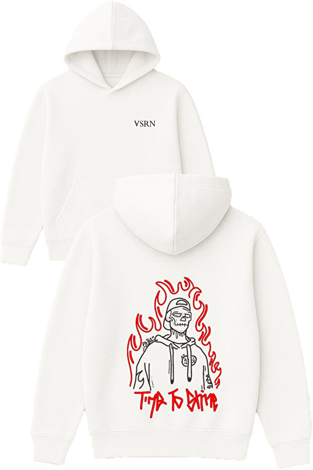 Burning Skeleton Man Design Printed Oversized White Hooded Sweatshirt