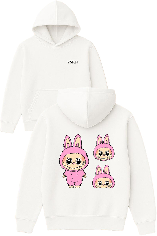3 Grains of Labubu Design Printed Oversized White Hooded Sweatshirt