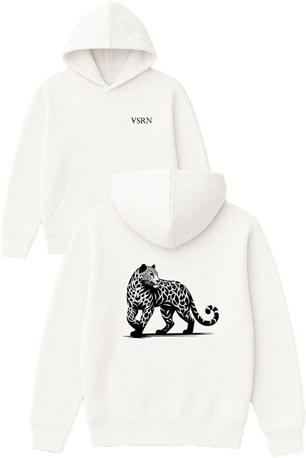 Leopard Design Printed Oversized White Hooded Sweatshirt