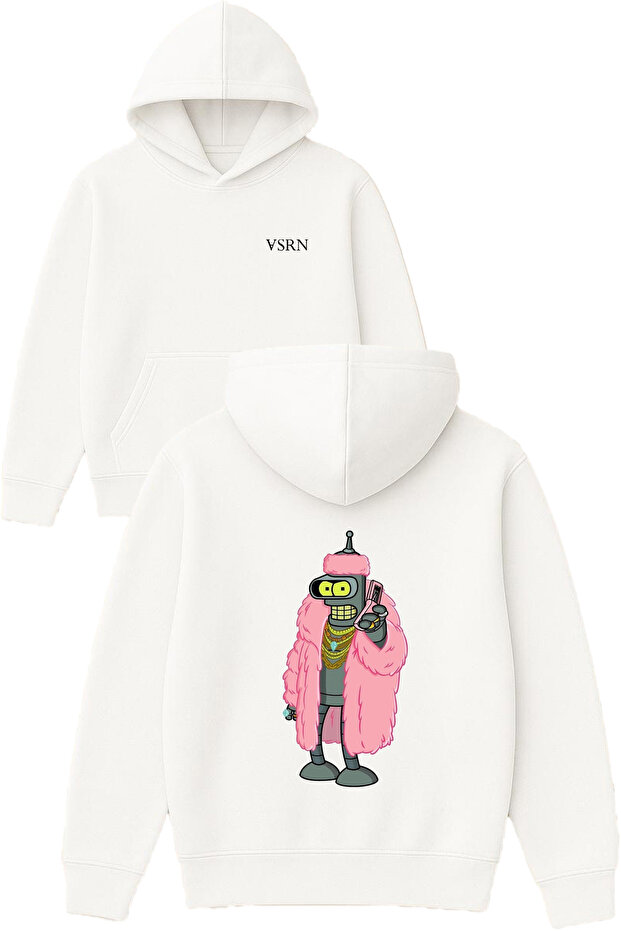 Pink Kurklu Design Printed Oversized White Hooded Sweatshirt