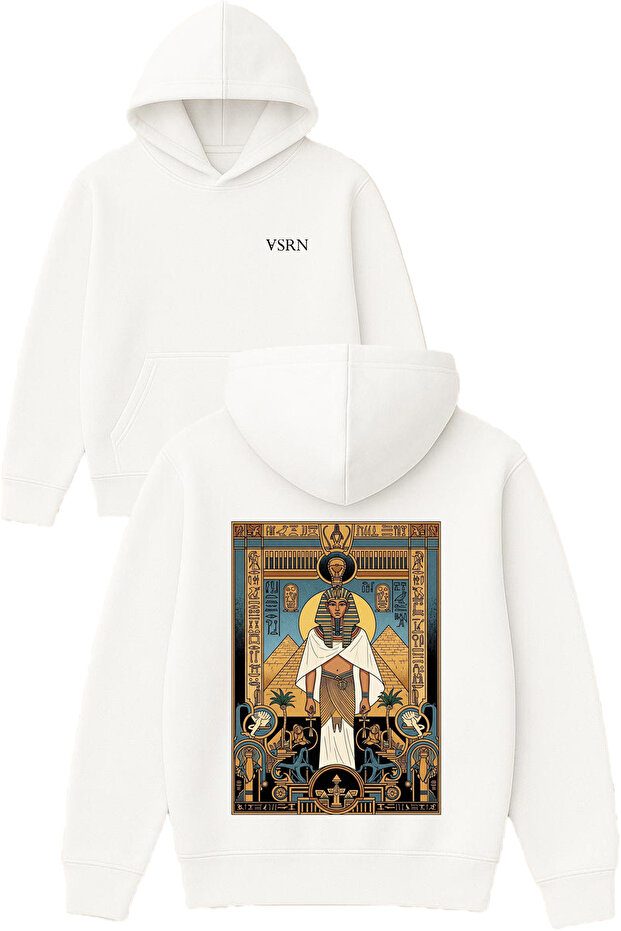 Pharaoh Design Printed Oversized White Hooded Sweatshirt