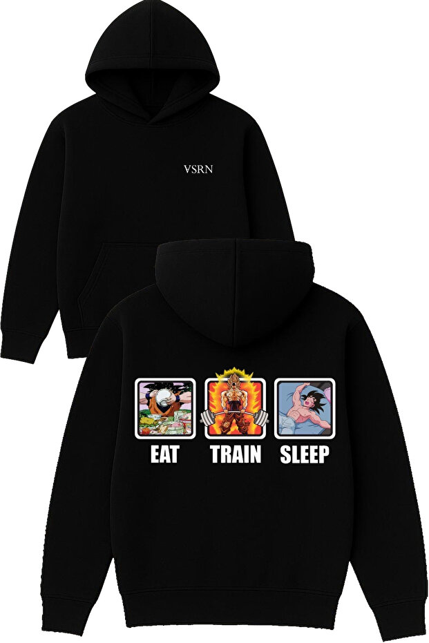 Eat Train Sleep Design Printed Oversized Black Hooded Sweatshirt