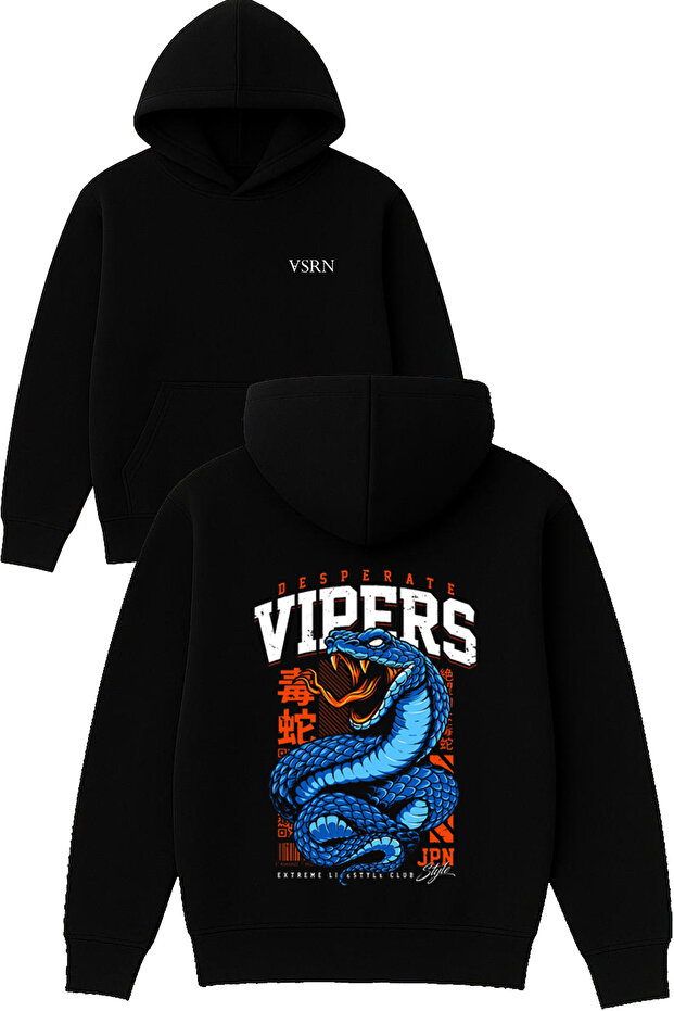 Blue Snake Design Printed Oversized Black Hooded Sweatshirt