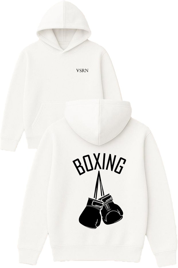 Boxing Design Printed Oversized White Hooded Sweatshirt