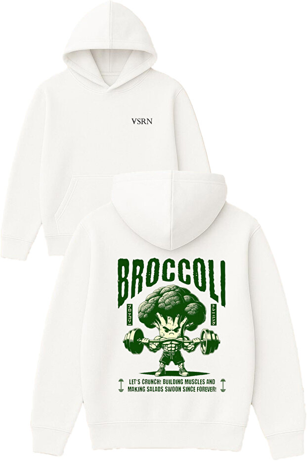 Brocolı Adam Design Printed Oversized White Hooded Sweatshirt