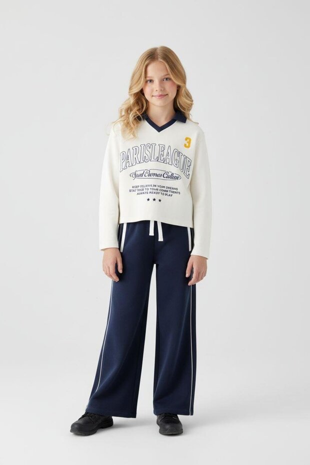Girls' Cotton Navy Blue-White Paris League Lettering Tracksuit Set - Wide Leg with Contrast Stripe