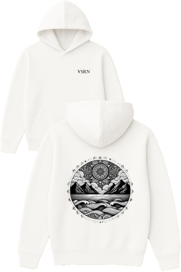Landscape Round Design Printed Oversized White Hooded Sweatshirt