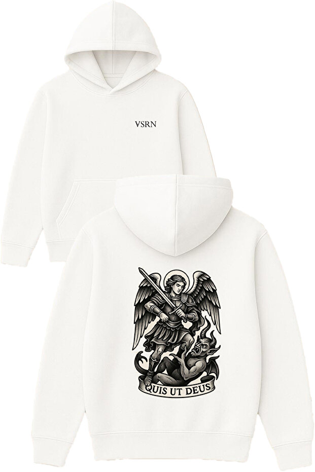 Quıt Us Delus Design Printed Oversized White Hooded Sweatshirt