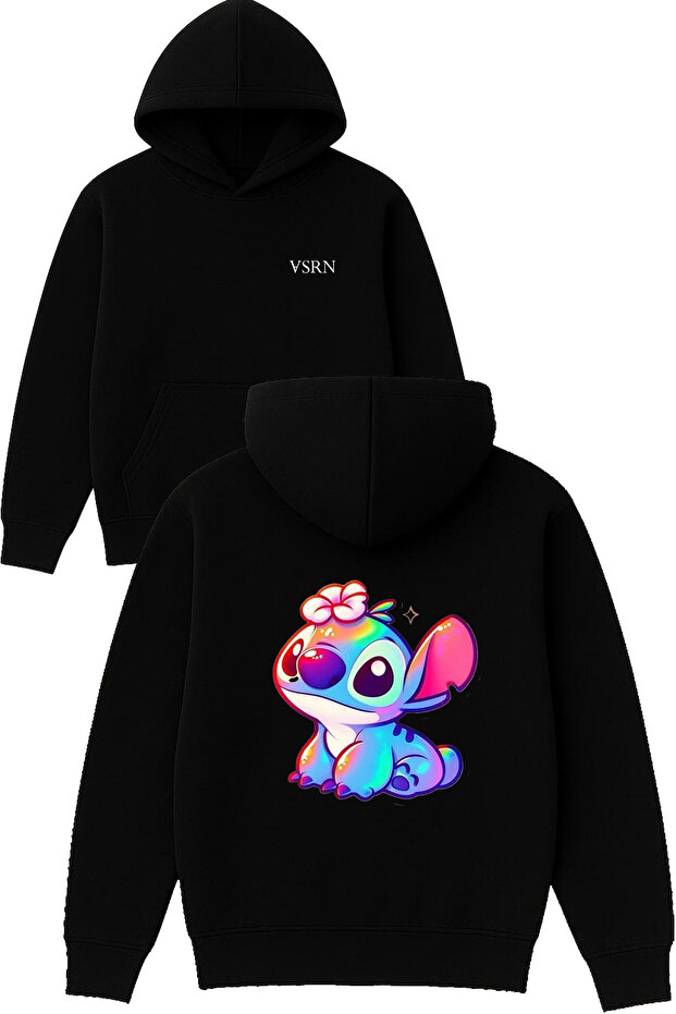 Sweet Monster Design Printed Oversized Black Hooded Sweatshirt