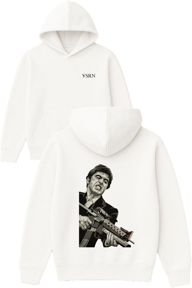 Tony Angry Design Printed Oversized White Hooded Sweatshirt